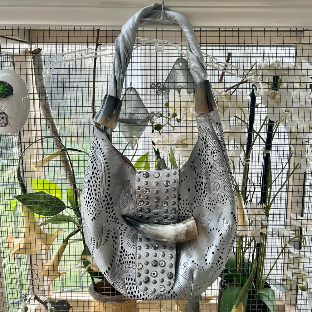 Bridget Schuster Silver Studded Women's Hobo Bag with Horn Accents